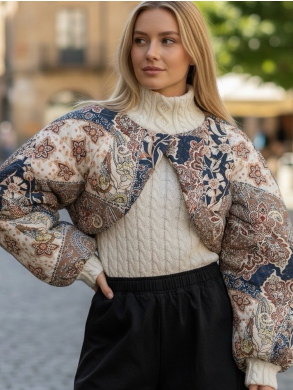 House of Harlow 1960 Paisley Quilted Puffer Cropped Shrug Jacket - OS